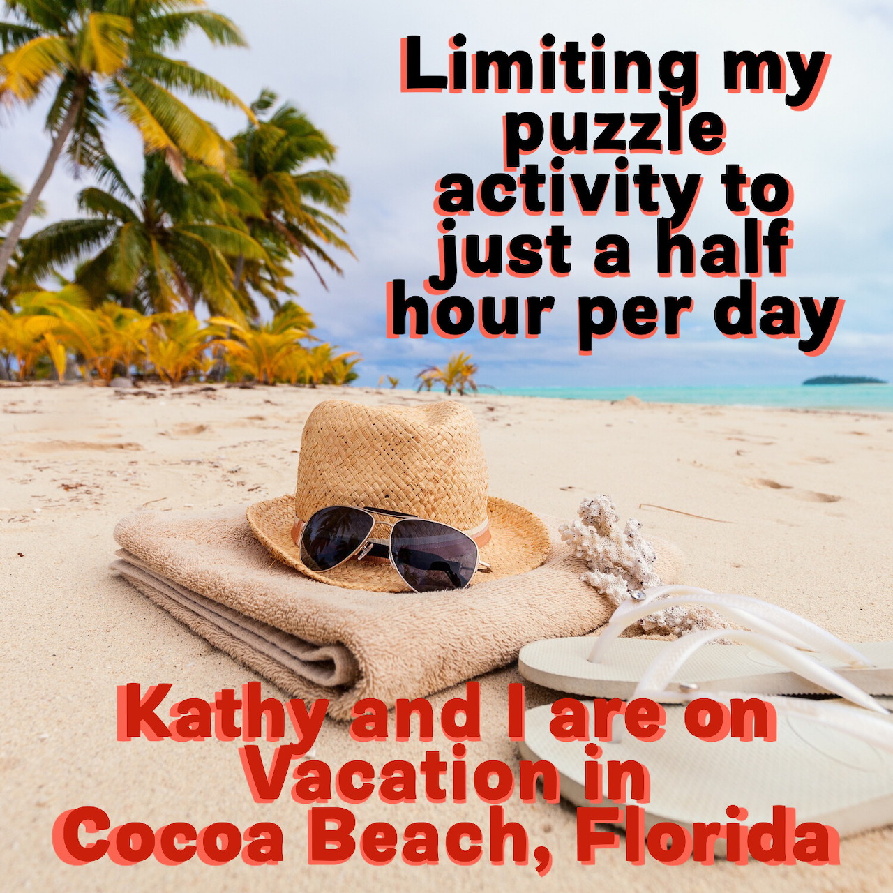 Straw hat and sunglasses on towel at tropical beach with palm trees