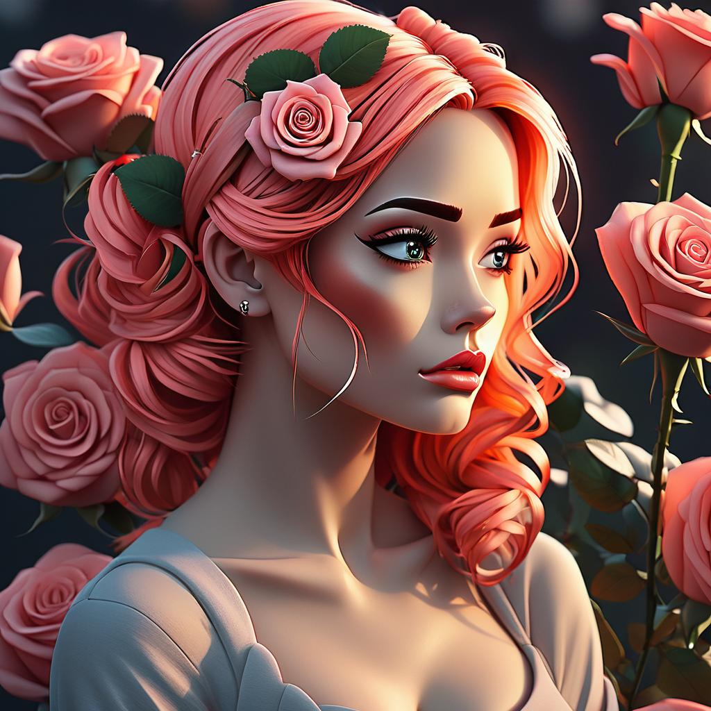 Stylized young woman with pink hair and roses around her on a dark background