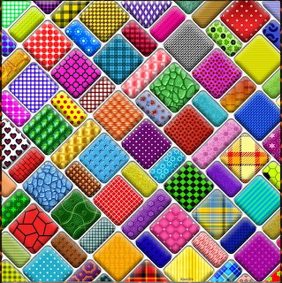 Colorful patchwork quilt with varied patterns in squares arranged in a grid