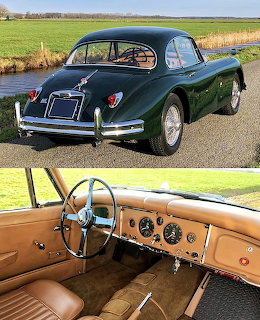 Green Jaguar XK150 Coupe rear view and tan leather interior with steering wheel and dashboard