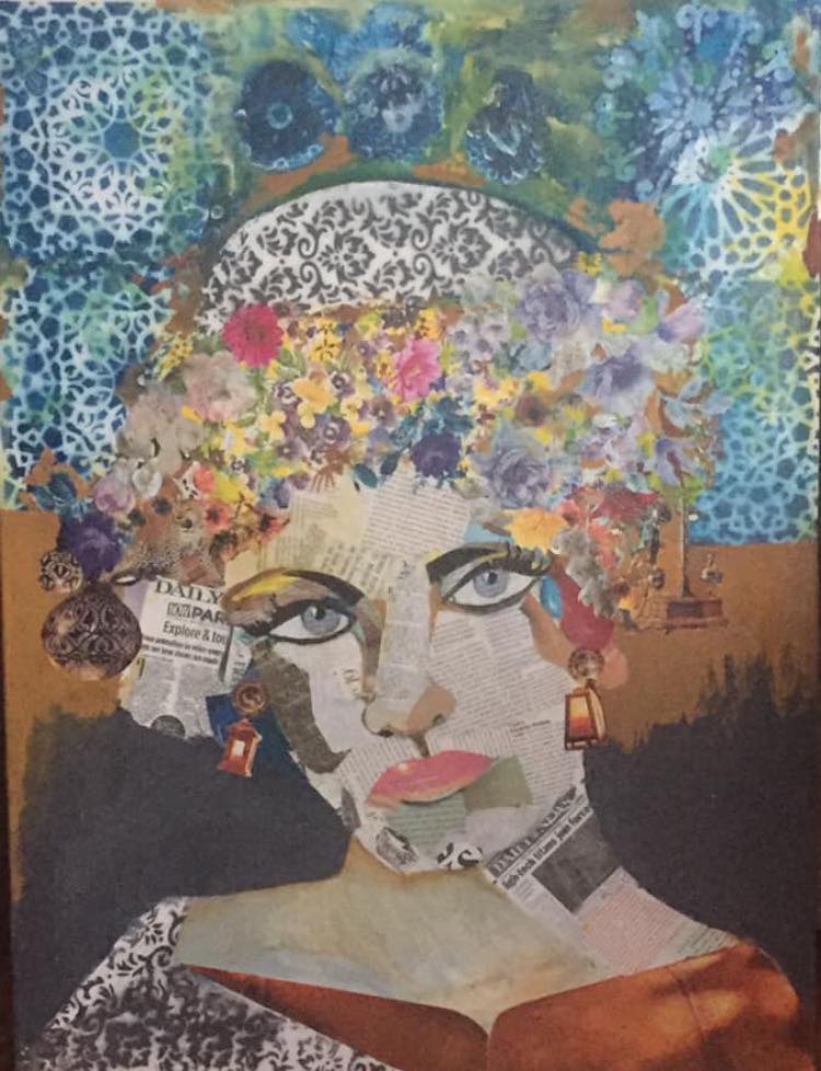 Mixed-media collage portrait of a woman with floral newspaper headdress and patterned background