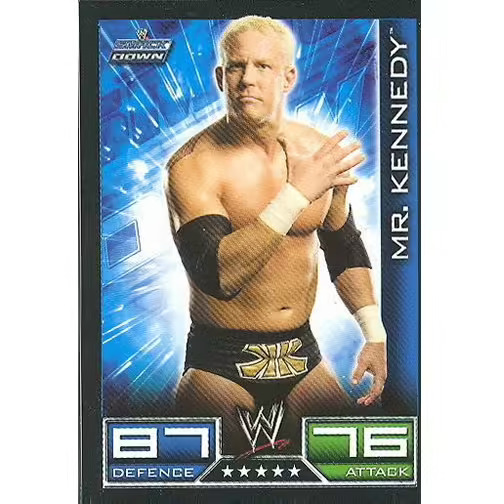 WWE trading card of wrestler Mr. Kennedy posing against a blue burst background