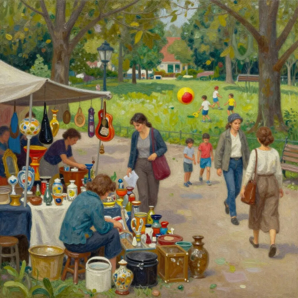 Painting of people shopping at an outdoor craft market with pottery and ceramics in a sunny park