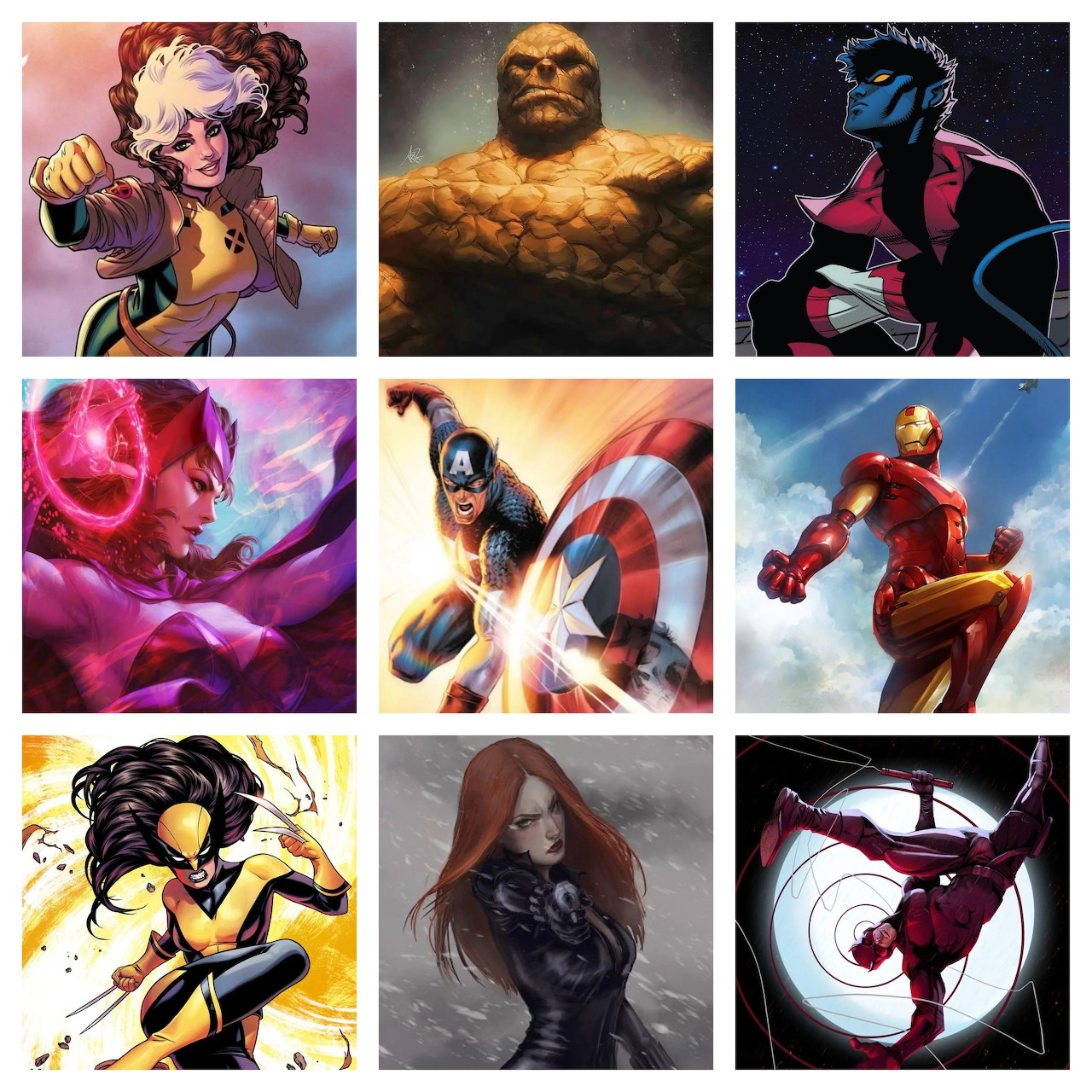 Grid of nine Marvel superhero character portraits in dramatic poses with colorful lighting