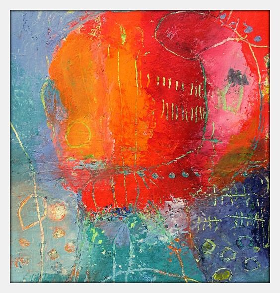 Abstract painting with bright orange and red forms over blue and pink textured background