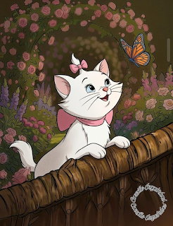 White cartoon kitten Marie with pink bow on a fence, looking at a monarch butterfly in a flower garden