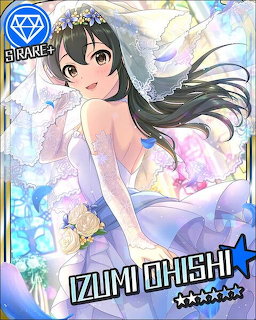 Anime girl Izumi Ohishi in white wedding dress holding bouquet with flowing dark hair and veil