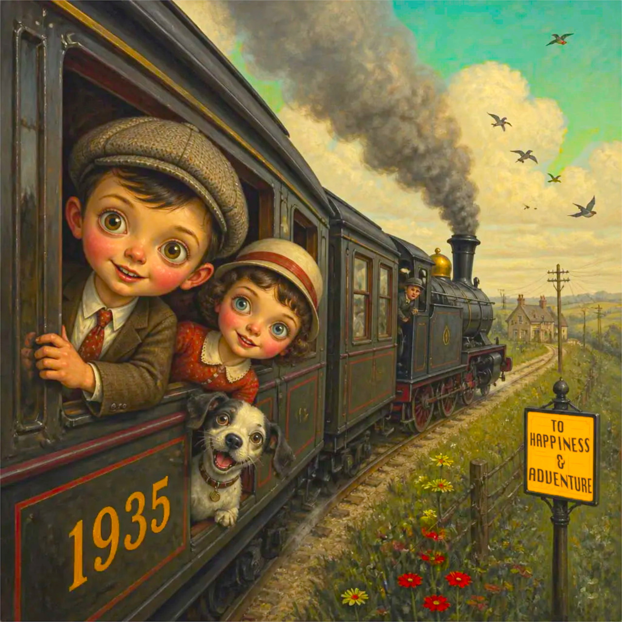 Illustration of two children with a dog looking out from a vintage steam train window in a pastoral countryside setting