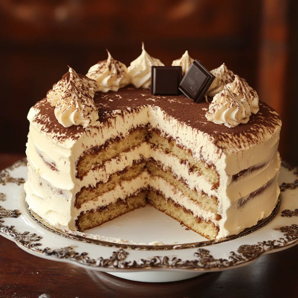 Sliced tiramisu layer cake with cream, cocoa topping, and chocolate pieces on a decorative plate