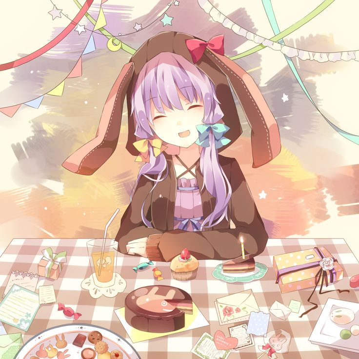 Anime girl with long purple hair and rabbit ears sitting at a table with pastries and colorful party decorations