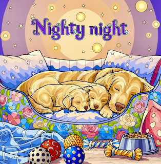 Three golden retriever puppies cuddled together sleeping in a colorful bed with moon and toys