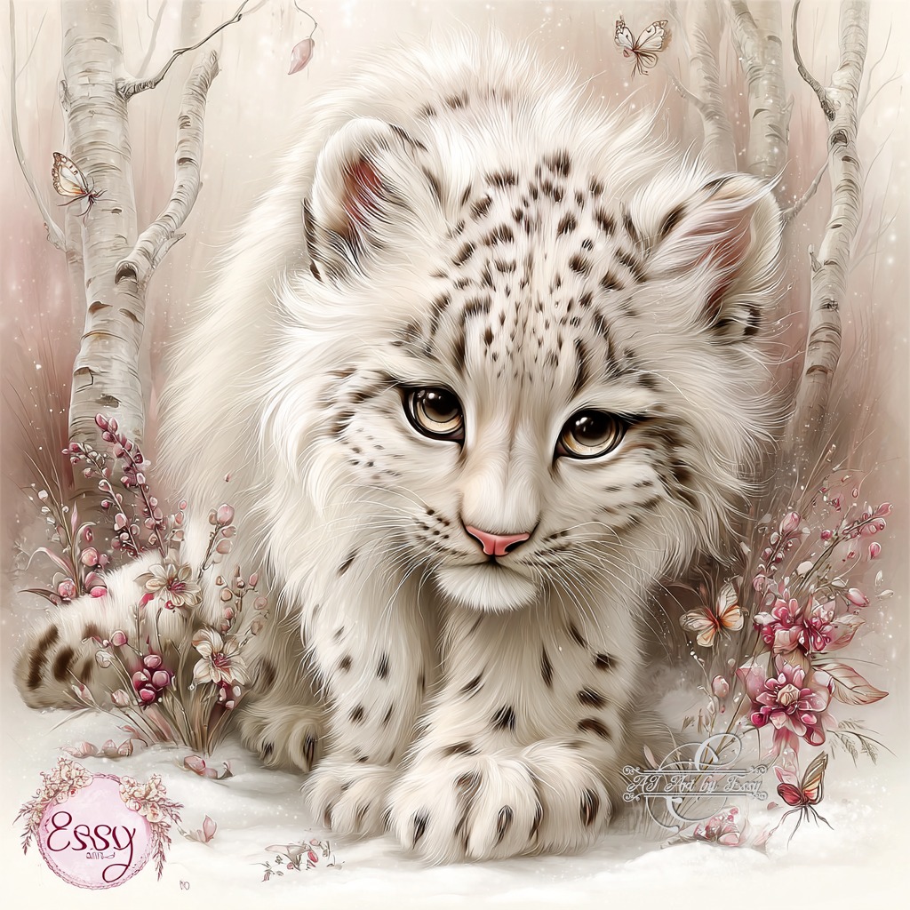 Illustration of a white snow leopard cub with spots among pink flowers and pale trees