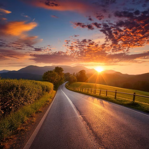 Winding country road at sunset with fields, mountains, and colorful clouds