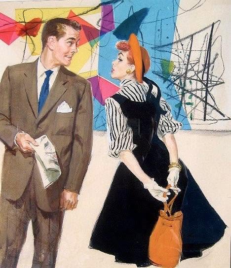 1950s-style illustration of a man in a suit and a woman in a black dress standing before abstract art