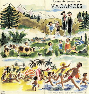 Vintage French travel poster illustrating mountain, farm, and beach vacation destinations in colorful watercolor style