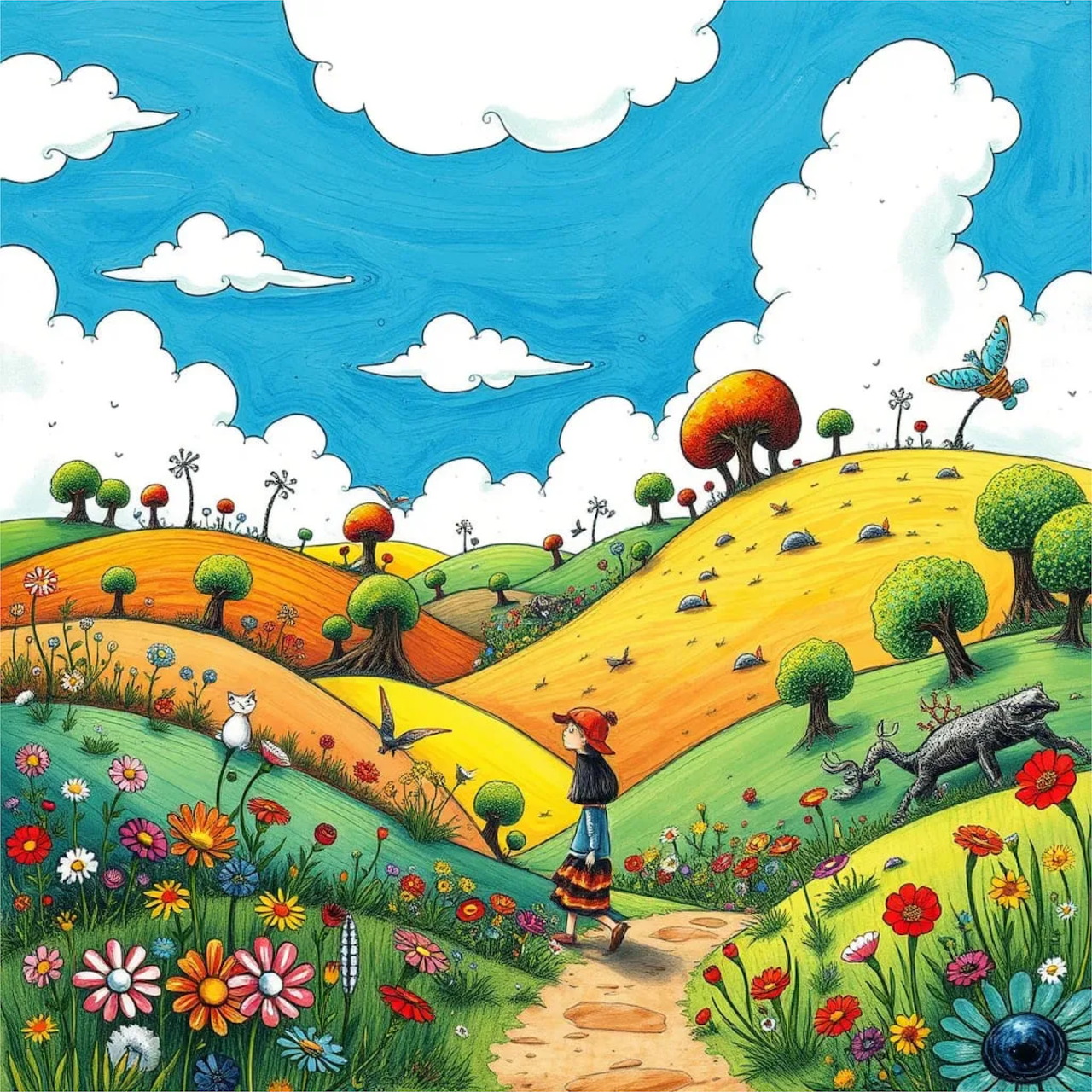 Illustrated rolling hills with flowers, trees, winding path under blue sky with white clouds