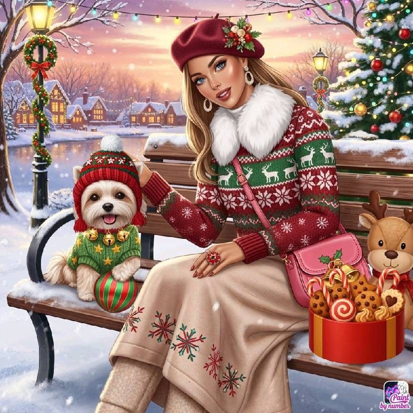 Woman in red sweater with white fur collar on bench with teddy bears and Christmas decorations in snowy winter scene