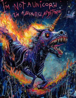 Dark fantasy monster unicorn with flames and sharp teeth illustration