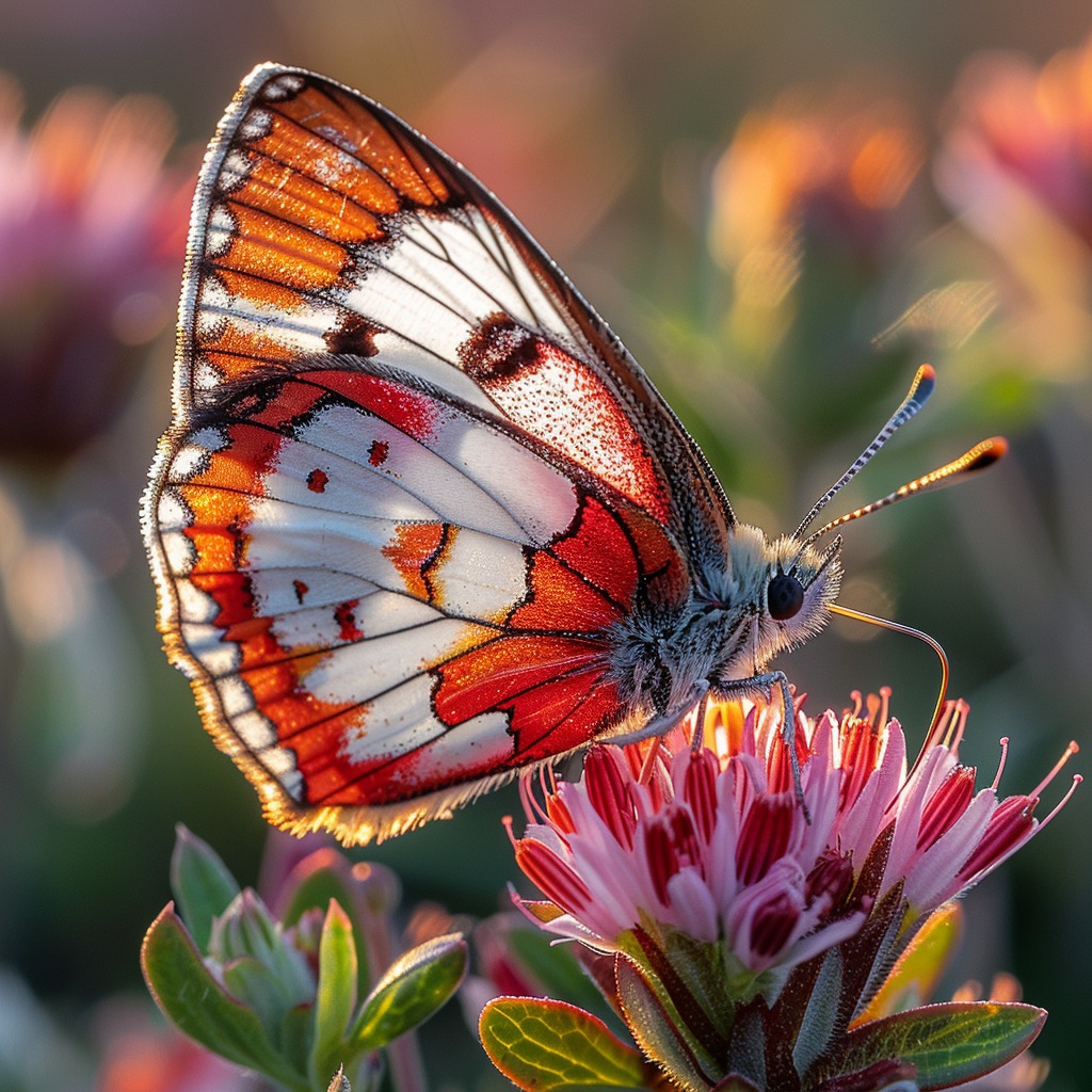 Orange and white butterfly with black spots resting on pink flower