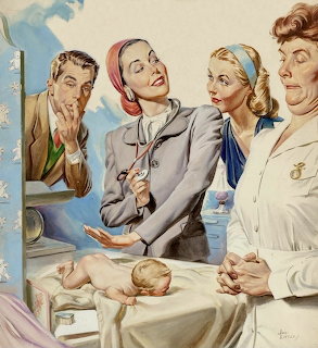 Vintage 1941 illustration of nurse demonstrating baby care to parents gathered around exam table