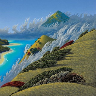Painting of rolling coastal hills with white clouds and bright blue sea