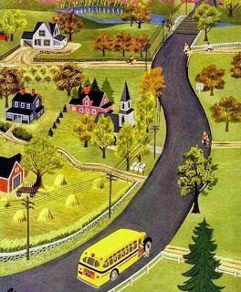 Illustrated yellow school bus on a winding road through a colorful rural village with houses and trees