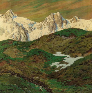Painted mountain landscape with snowy peaks, green slopes and winding stream