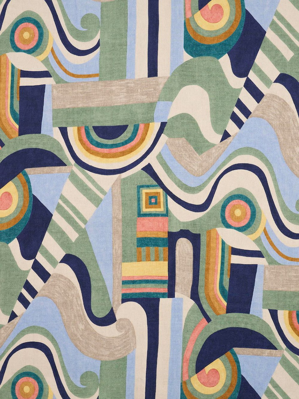 Colorful abstract geometric pattern with wavy lines, circles, and stripes in pastel tones