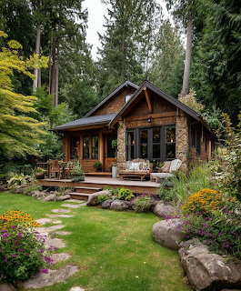 Stone and wood cabin surrounded by lush garden with stepping stones, flowers, and tall evergreen trees