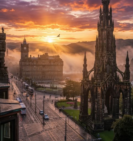 Gothic monument and castle silhouetted against dramatic sunset sky with fog below in Edinburgh