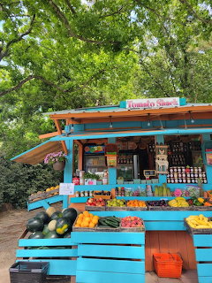 Bright turquoise outdoor fruit stand with colorful fresh produce on display under green trees
