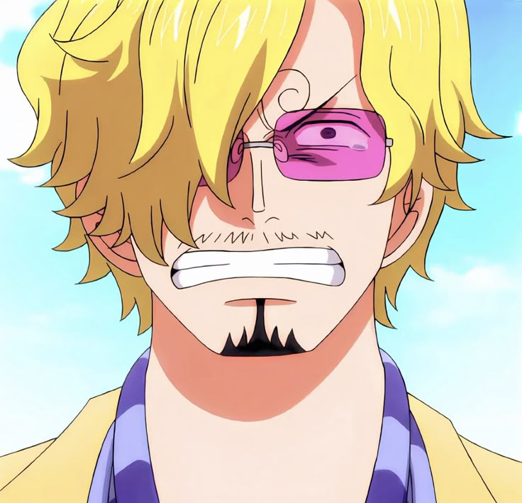 Anime character with blonde hair, goatee, cigarette in mouth, and pink sunglasses
