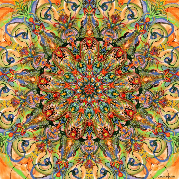 Ornate circular mandala with intricate symmetrical patterns in bright orange, green, blue and yellow colors