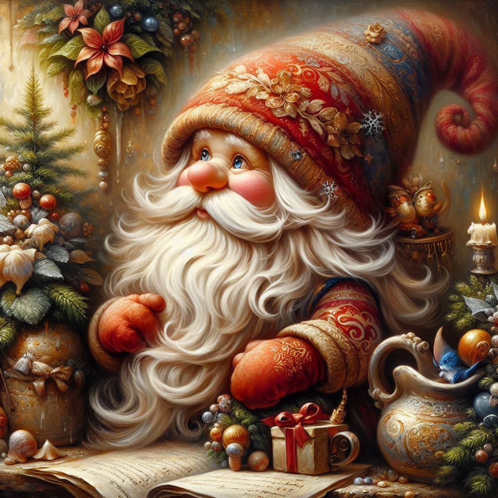 Cheerful Christmas gnome with white beard, red hat, and colorful gift boxes in festive holiday setting
