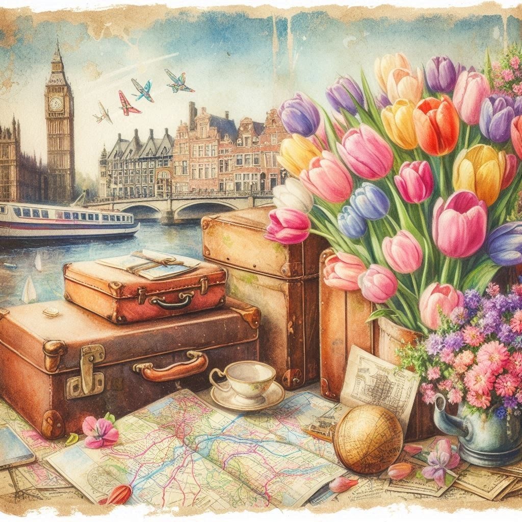 Watercolor scene with tulips, vintage suitcases, map, and London landmarks visible through window