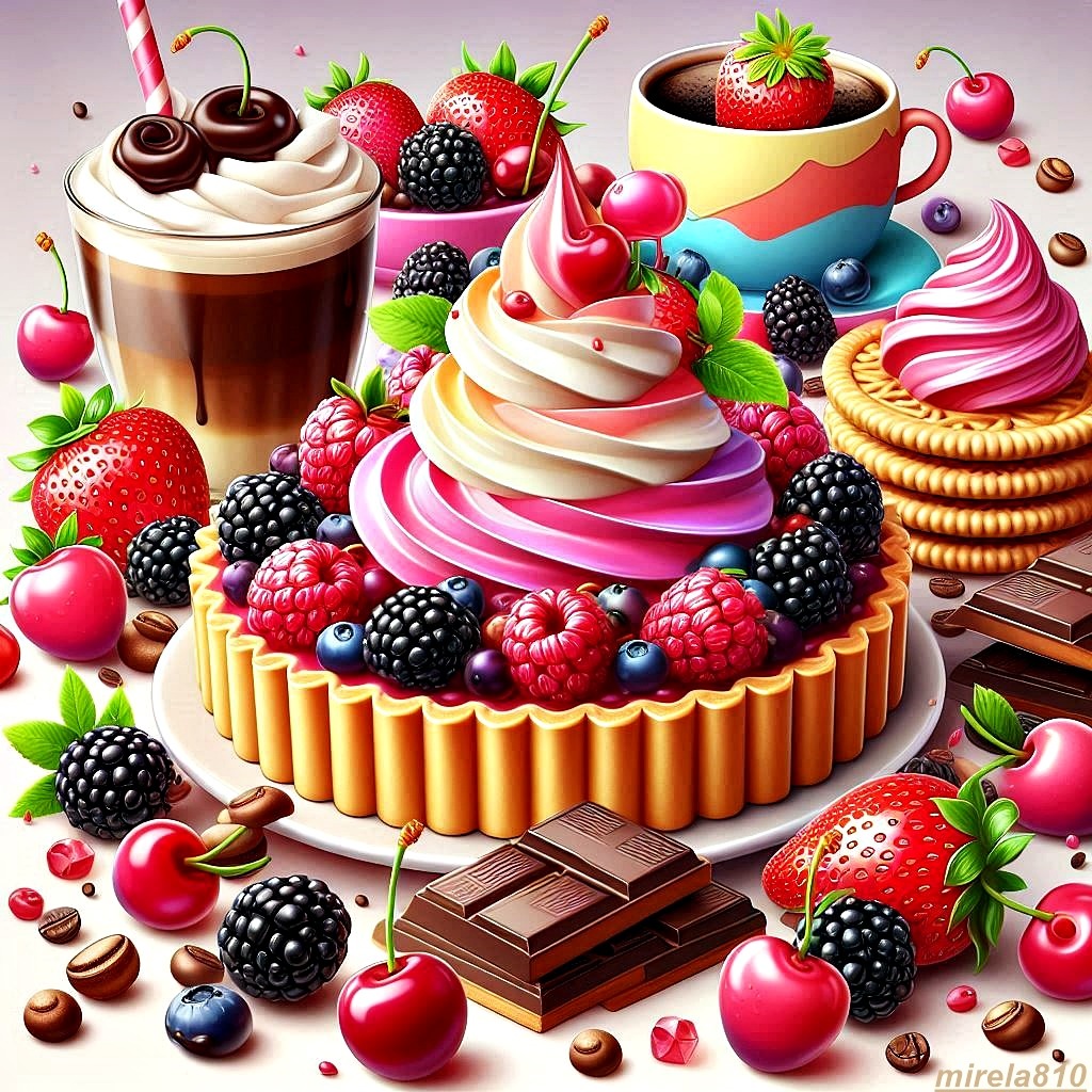 Colorful 3D desserts: berry tart, cupcakes, chocolate drink, cookies, candies, and fruits arranged together