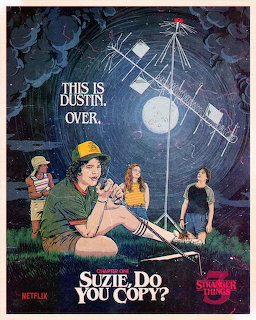 Illustrated poster of four teens under a radio tower at night with a large moon overhead.