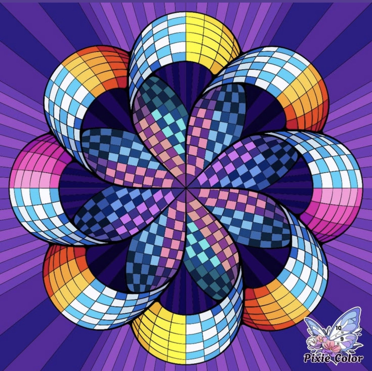 Colorful geometric mandala with checkered spherical petals arranged in flower pattern on purple radial background