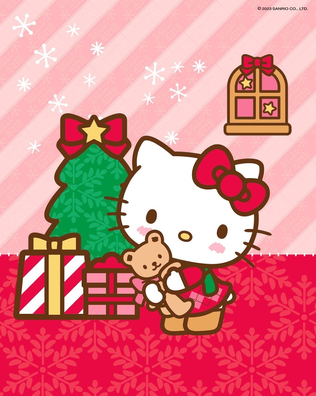 Hello Kitty with red bow holding teddy bear beside Christmas tree and gift boxes on pink background with snowflakes