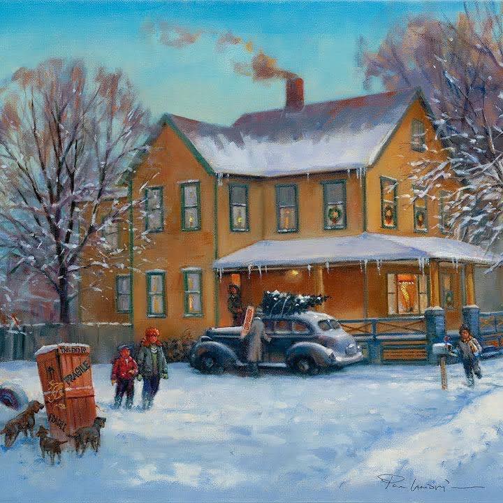 Painting of a yellow house in winter with snow, a vintage car, bare trees, and people outdoors