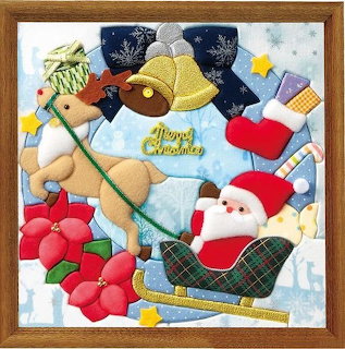 Santa Claus in red suit on sleigh with reindeer, bells, and Christmas gifts in snowy setting