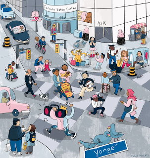 Illustrated aerial view of busy urban plaza with diverse crowd of people, street signs, and city buildings