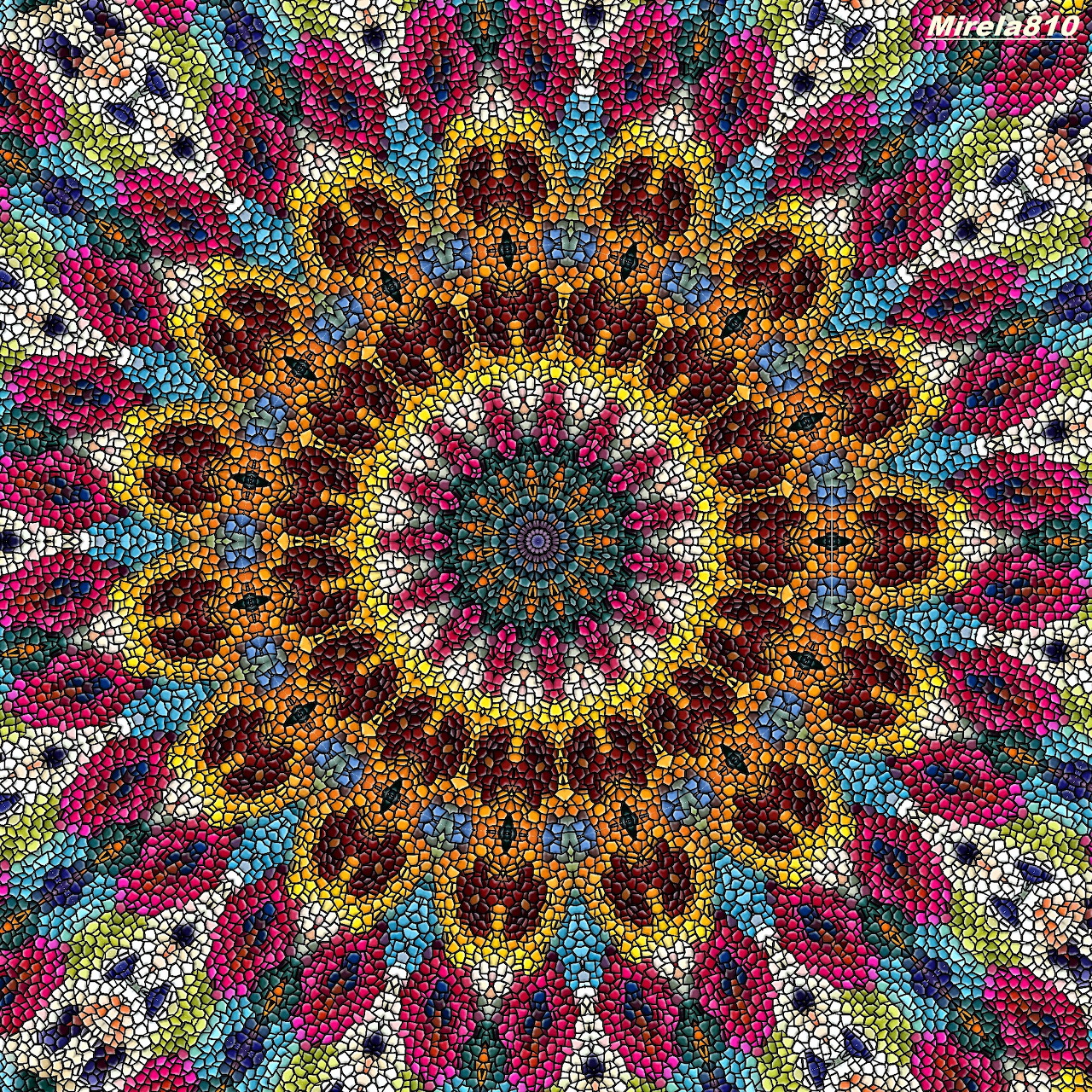 Vibrant symmetrical mandala with multicolored radiating petals and intricate geometric patterns in a circular design