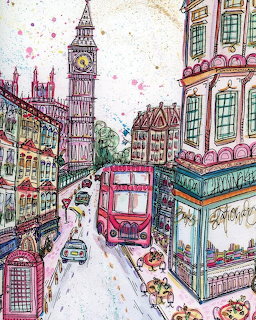 Illustration of a London street with Big Ben, a red double-decker bus, and a red phone booth