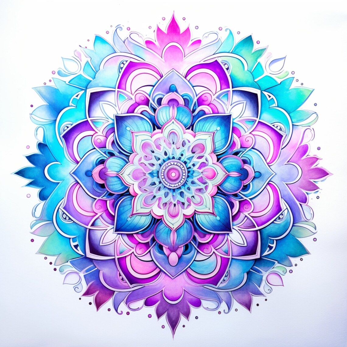 Symmetrical mandala with purple, pink, and cyan petals in concentric layers