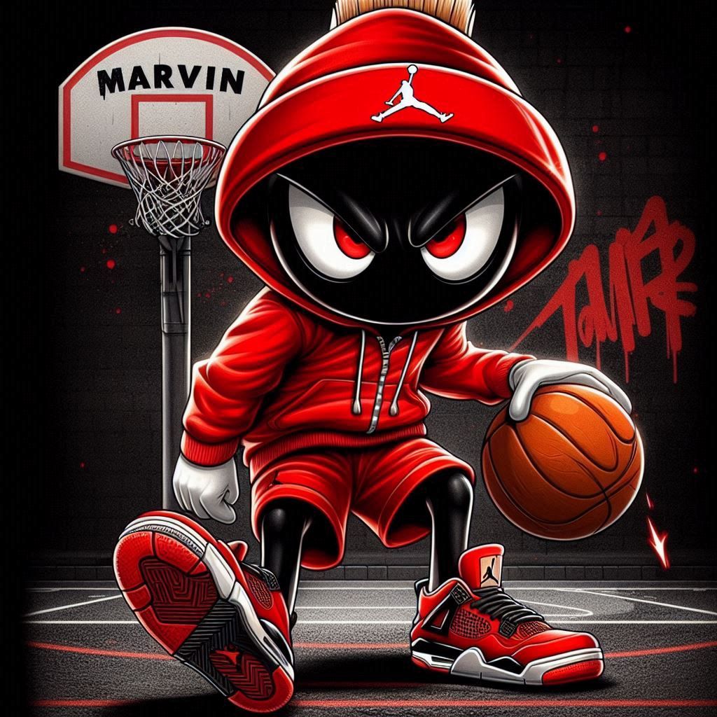 Cartoon character in a red hoodie dribbling a basketball on a dark court