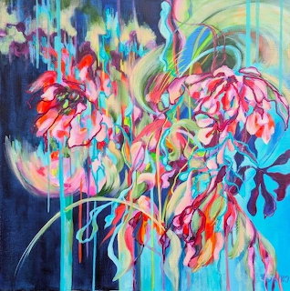 Abstract colorful painting of drooping flowers with vibrant pink, red, orange and blue brushstrokes and paint drips