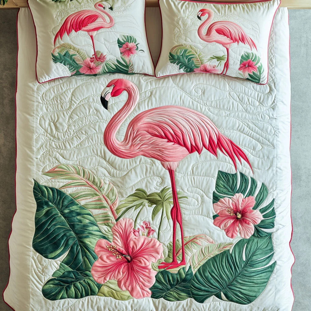 White quilted bed with pink flamingo design, tropical leaves, hibiscus flowers, and matching pillows