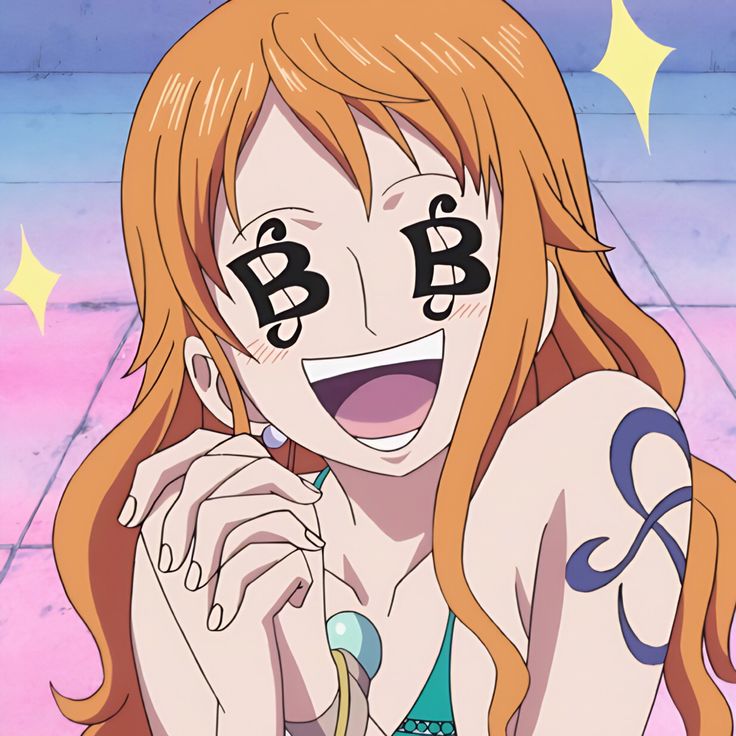 Anime character Nami with orange hair showing excited expression with dollar sign eyes and starry background