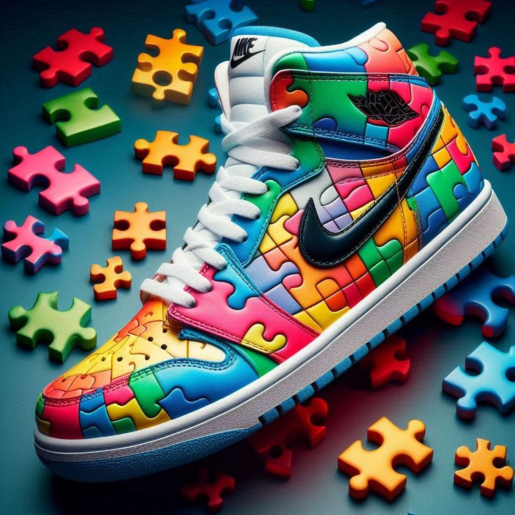 Colorful high-top sneaker with a jigsaw puzzle pattern and loose puzzle pieces around it